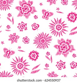 Floral seamless background pattern with fantasy flowers, leaves and butterfly. Line art. Embroidery flowers. Vector illustration.