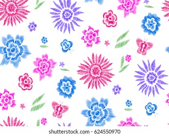 Floral seamless background pattern with fantasy flowers, leaves and butterfly. Line art. Embroidery flowers. Vector illustration.