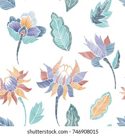 Floral seamless background pattern with fantasy flowers and leaves Line art. Embroidery flowers. Vector illustration.