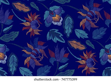 Floral seamless background pattern with fantasy flowers and leaves Line art. Embroidery flowers. Vector illustration.