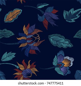 Floral seamless background pattern with fantasy flowers and leaves Line art. Embroidery flowers. Vector illustration.