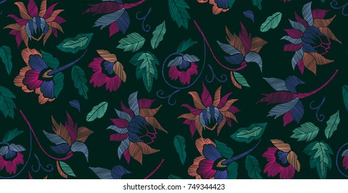Floral seamless background pattern with fantasy flowers and leaves Line art. Embroidery flowers. Vector illustration.