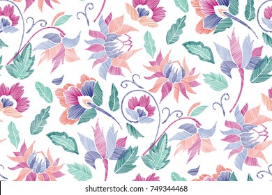 Floral seamless background pattern with fantasy flowers and leaves Line art. Embroidery flowers. Vector illustration.
