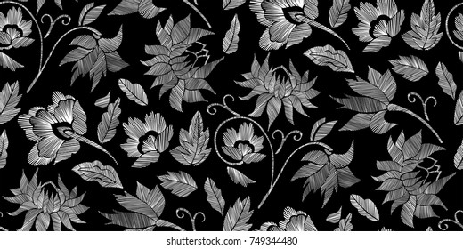 Floral y sin fisuras con flores fantasticas y hojas de Line art. Ilustración vectorial.