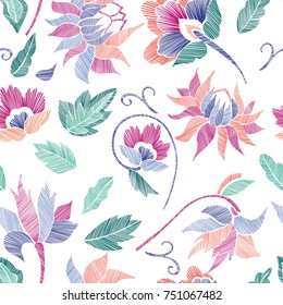 Floral seamless background pattern with fantasy flowers and leaves Line art. Embroidery flowers. Vector illustration.