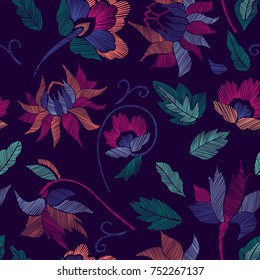 Floral seamless background pattern with fantasy flowers and leaves Line art. Embroidery flowers. Vector illustration.