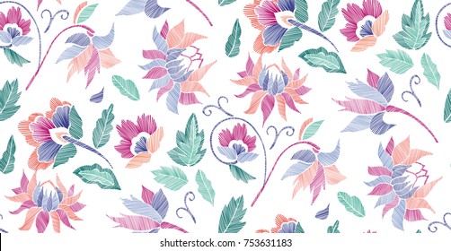 Floral seamless background pattern with fantasy flowers and leaves Line art. Embroidery flowers. Vector illustration.