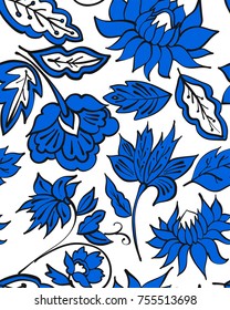 Floral seamless background pattern with fantasy flowers and leaves Line art. Embroidery flowers. Vector illustration.