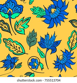 Floral seamless background pattern with fantasy flowers and leaves Line art. Embroidery flowers. Vector illustration.