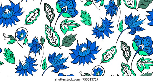 Floral seamless background pattern with fantasy flowers and leaves Line art. Embroidery flowers. Vector illustration.