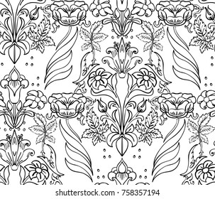 Floral seamless background pattern with fantasy flowers and leaves Line art. Embroidery flowers. Vector illustration.