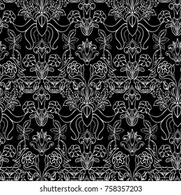 Floral seamless background pattern with fantasy flowers and leaves Line art. Embroidery flowers. Vector illustration.