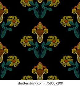 Floral seamless background pattern with fantasy flowers and leaves Line art. Embroidery flowers. Vector illustration.