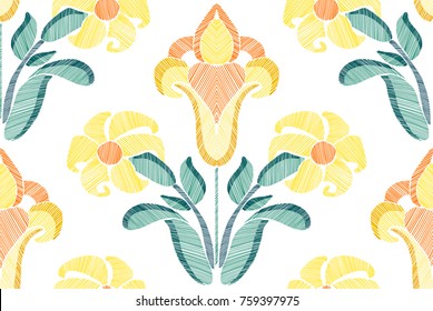 ï¿¼
Floral seamless background pattern with fantasy flowers and leaves Line art. Embroidery flowers. Vector illustration.