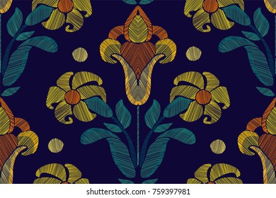 ï¿¼Floral seamless background pattern with fantasy flowers and leaves Line art. Embroidery flowers. Vector illustration.