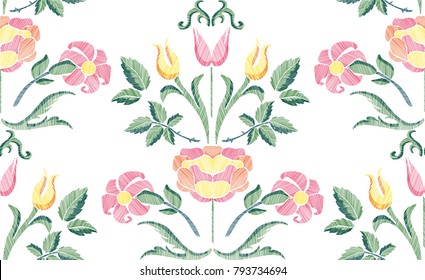 Floral seamless background pattern with fantasy flowers and leaves hand drawn. Line art. Embroidery flowers. Vector illustration in retro style.
