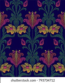 Floral seamless background pattern with fantasy flowers and leaves hand drawn. Line art. Embroidery flowers. Vector illustration in retro style.