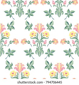 Floral seamless background pattern with fantasy flowers and leaves hand drawn. Line art. Embroidery flowers. Vector illustration in retro style.