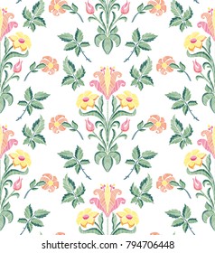 Floral seamless background pattern with fantasy flowers and leaves hand drawn. Line art. Embroidery flowers. Vector illustration in retro style.