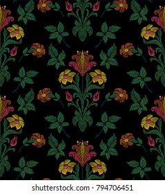 Floral seamless background pattern with fantasy flowers and leaves hand drawn. Line art. Embroidery flowers. Vector illustration in retro style.