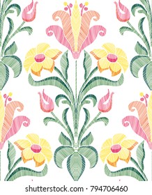 Floral seamless background pattern with fantasy flowers and leaves hand drawn. Line art. Embroidery flowers. Vector illustration in retro style.