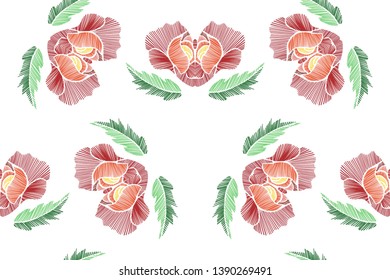 Floral seamless background pattern with flowers and leaves Line art. Embroidery floral design Vector illustration. 