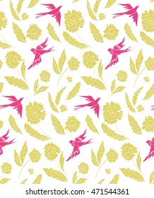 Floral seamless background pattern with flowers and birds. Colorful vector illustration hand drawn. Spring -summer season. Flying birds. Fabric swatch, wrapping paper.