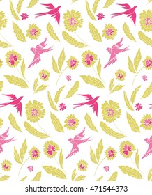 Floral seamless background pattern with flowers and birds. Colorful vector illustration hand drawn. Spring -summer season. Flying birds. Fabric swatch, wrapping paper.