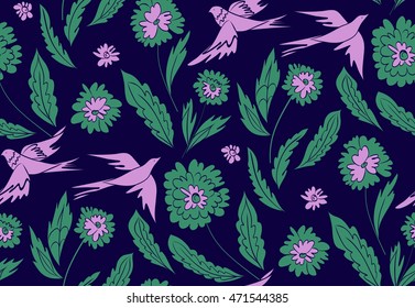 Floral seamless background pattern with flowers and birds. Colorful vector illustration hand drawn. Spring -summer season. Flying birds. Fabric swatch, wrapping paper.