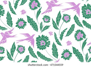 Floral seamless background pattern with flowers and birds. Vector illustration hand drawn. Spring -summer season.