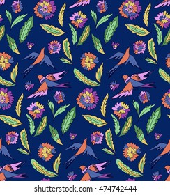 Floral seamless background pattern with flowers and birds. Colorful vector illustration hand drawn. Spring - summer season.