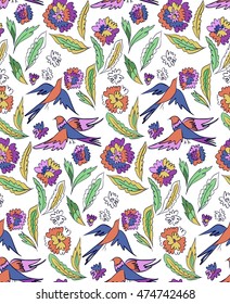 Floral seamless background pattern with flowers and birds. Colorful vector illustration hand drawn. Spring - summer season.