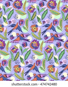 Floral seamless background pattern with flowers and birds. Colorful vector illustration hand drawn. Spring - summer season.