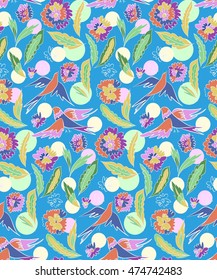 Floral seamless background pattern with flowers and birds. Colorful vector illustration hand drawn. Spring - summer season.