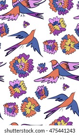 Floral seamless background pattern with flowers and birds. Colorful vector illustration hand drawn. Spring - summer season.