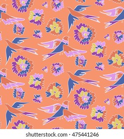 Floral seamless background pattern with flowers and birds. Colorful vector illustration hand drawn. Spring - summer season.