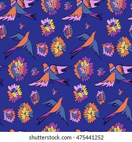 Floral seamless background pattern with flowers and birds. Colorful vector illustration hand drawn. Spring - summer season.