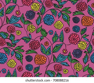 Floral seamless background pattern with  flowers and leaves, spring - summer season. Vector illustration for textile, wrapping paper, wallpaper, curtains .
