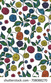 Floral seamless background pattern with  flowers and leaves, spring - summer season. Vector illustration for textile, wrapping paper, wallpaper, curtains .
