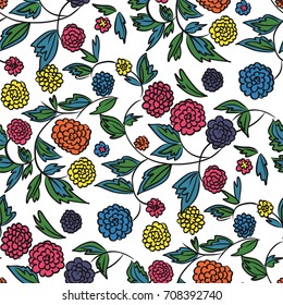 Floral seamless background pattern with  flowers and leaves, spring - summer season. Vector illustration for textile, wrapping paper, wallpaper, curtains .
