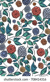 Floral seamless background pattern with  flowers and leaves, spring - summer season. Vector illustration for textile, wrapping paper, wallpaper, curtains .
