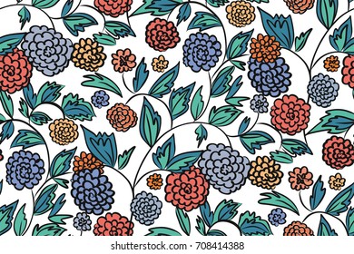 Floral seamless background pattern with  flowers and leaves, spring - summer season. Vector illustration for textile, wrapping paper, wallpaper, curtains .
