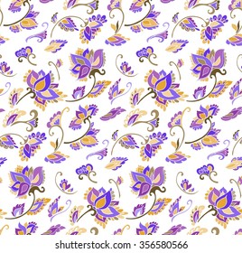 Floral seamless background pattern. Indian flowers and leaves. Hand drawn vector illustration. Floral design. 