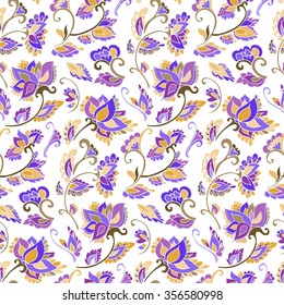 Floral seamless background pattern. Indian flowers and leaves. Hand drawn vector illustration. Floral design. 