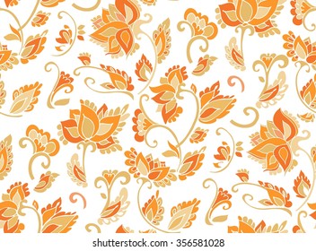 Floral seamless background pattern. Indian flowers and leaves. Hand drawn vector illustration. Floral design. 