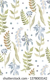 Floral seamless background pattern with mix wild flowers and leaves Line art. Embroidery flowers. Vector illustration. Textile design, wallpaper, card design.