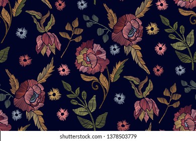 Floral seamless background pattern with mix wild flowers and leaves Line art. Embroidery flowers. Vector illustration. Textile design, wallpaper, card design.