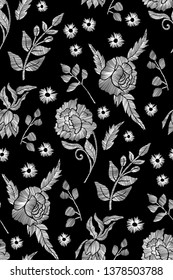 Floral seamless background pattern with mix wild flowers and leaves Line art. Embroidery flowers. Vector illustration. Textile design, wallpaper, card design.