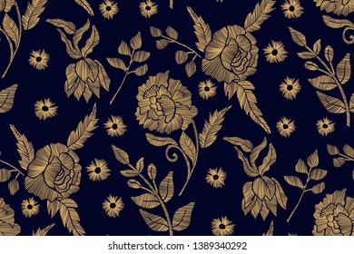 Floral seamless background pattern with mix wild flowers and leaves Line art. Embroidery flowers. Vector illustration. 