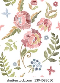 Floral seamless background pattern with mix wild flowers and leaves Line art. Embroidery flowers. Vector illustration. 
